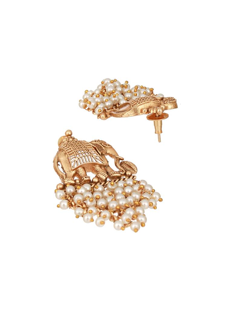 Gold Plated Pearl Beaded Temple Eleplant Motif Designer Earrings : SJER2342