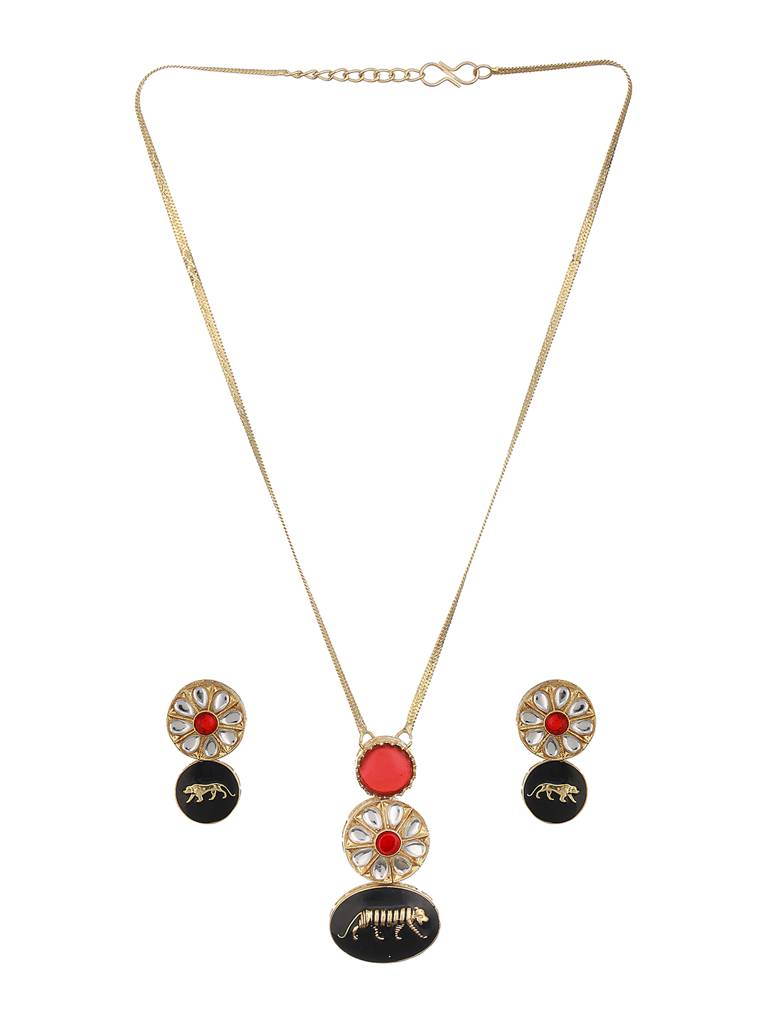 Gold Toned Red Kundan Lion Motif Locket Jewellery Set : SJLK2345