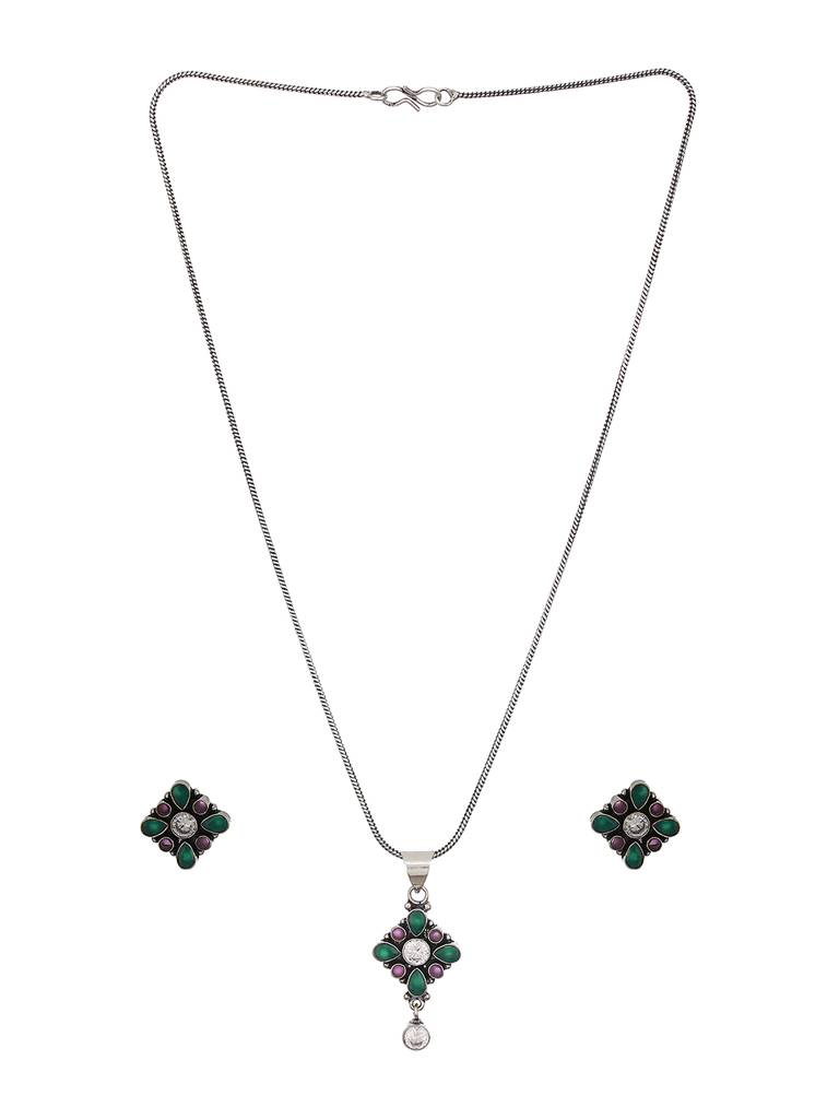 Silver Oxidised Red & Green Stones Minimal Officewear Locket Jewellery Set : SJLK2346