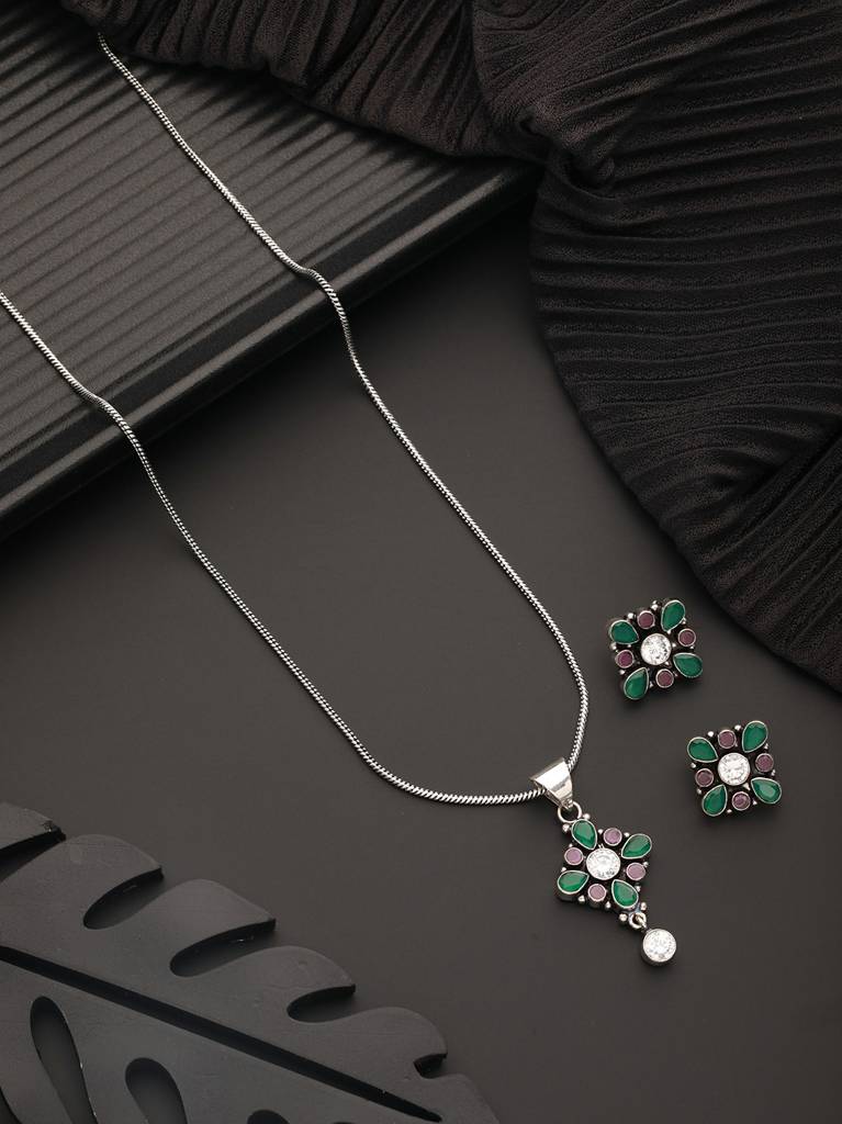 Silver Oxidised Red & Green Stones Minimal Officewear Locket Jewellery Set : SJLK2346