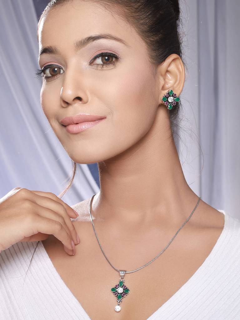 Silver Oxidised Red & Green Stones Minimal Officewear Locket Jewellery Set : SJLK2346