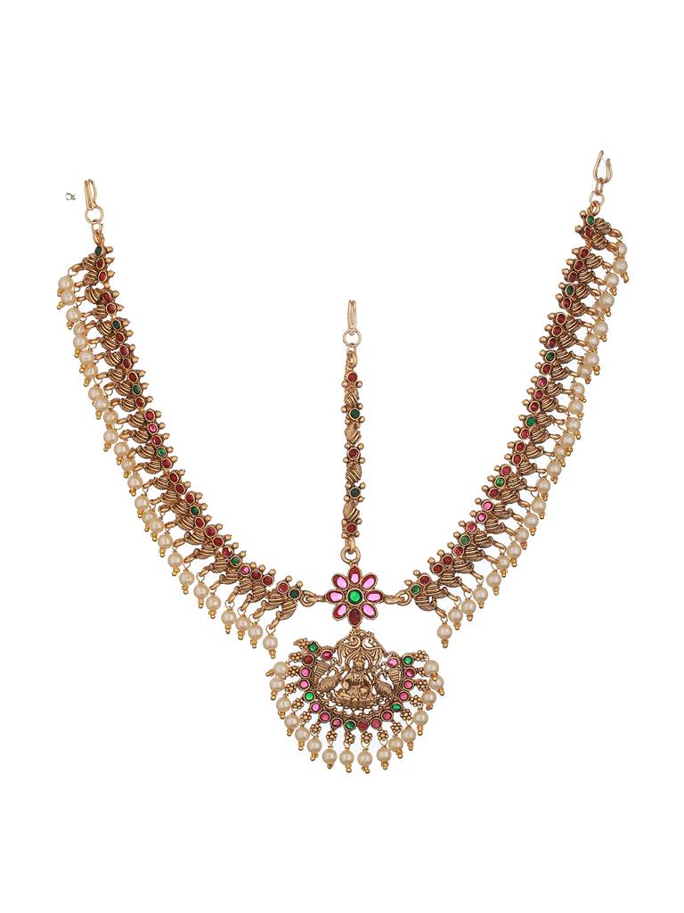 Gold Plated Kempo Studded & Pearl Beaded Bridal Antique Temple Damini Matha Patti : SJMP2347