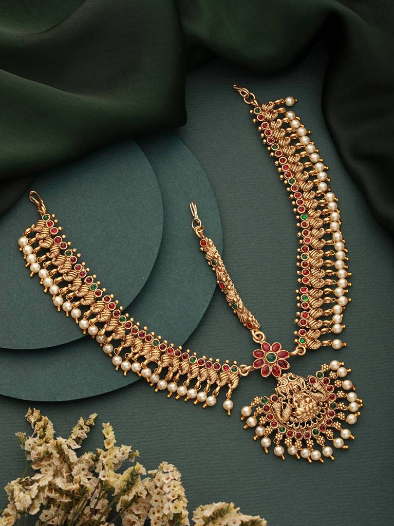 Gold Plated Kempo Studded & Pearl Beaded Bridal Antique Temple Damini Matha Patti : SJMP2347