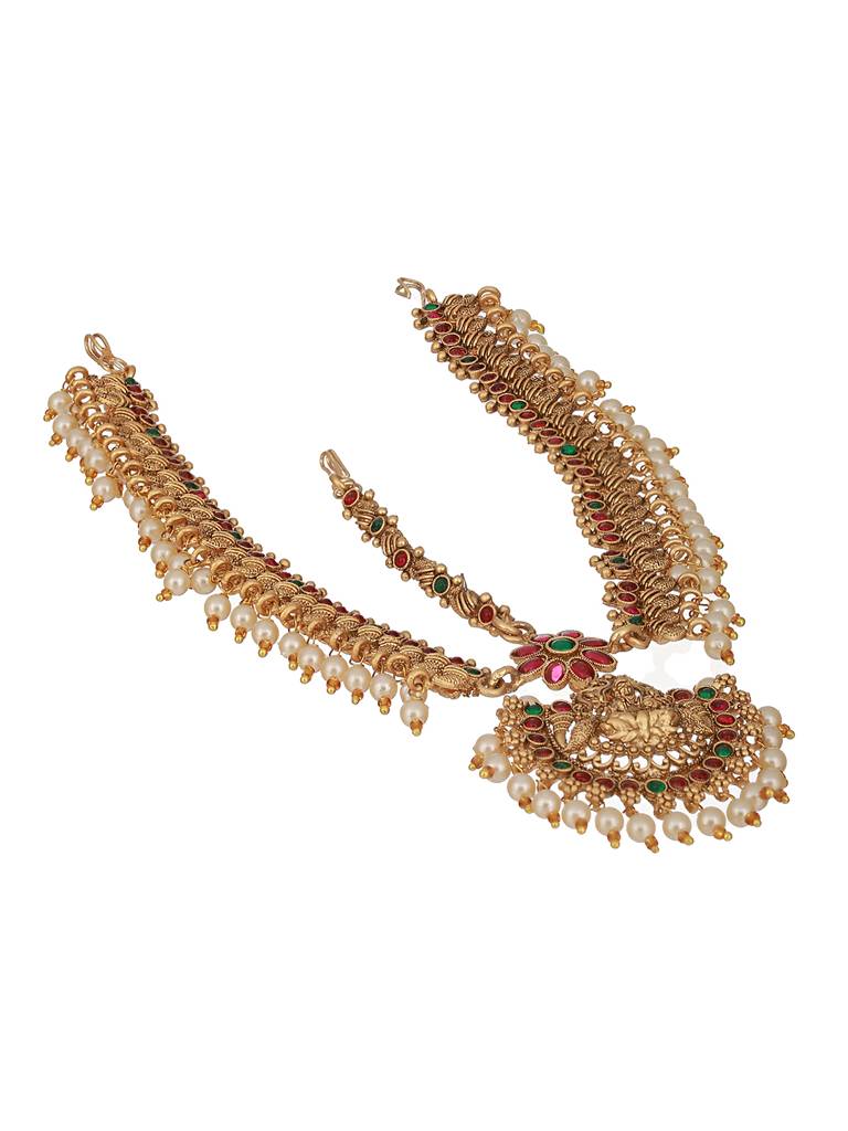 Gold Plated Kempo Studded & Pearl Beaded Bridal Antique Temple Damini Matha Patti : SJMP2347