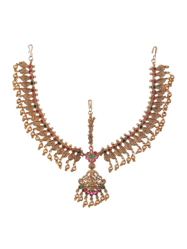 Gold Plated Red Green Kempo Studded Lakshmiji Temple Bridal Damini Matha Pattimatha Patti Unknown : SJMP2348