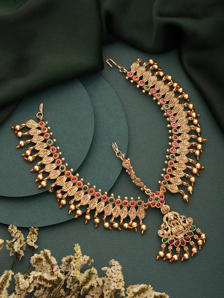 Gold Plated Red Green Kempo Studded Lakshmiji Temple Bridal Damini Matha Pattimatha Patti Unknown : SJMP2348