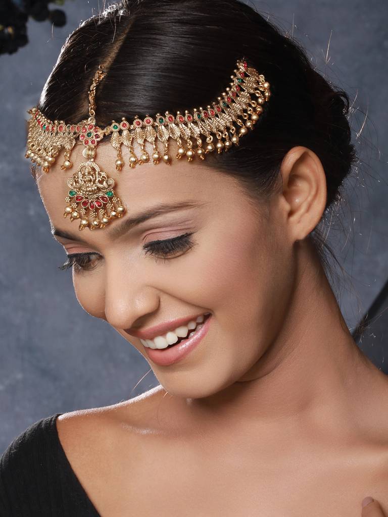 Gold Plated Red Green Kempo Studded Lakshmiji Temple Bridal Damini Matha Pattimatha Patti Unknown : SJMP2348