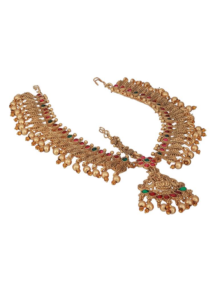 Gold Plated Red Green Kempo Studded Lakshmiji Temple Bridal Damini Matha Pattimatha Patti Unknown : SJMP2348