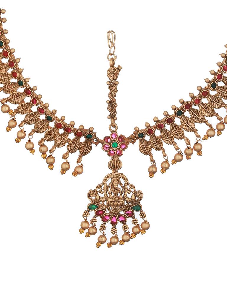 Gold Plated Red Green Kempo Studded Lakshmiji Temple Bridal Damini Matha Pattimatha Patti Unknown : SJMP2348
