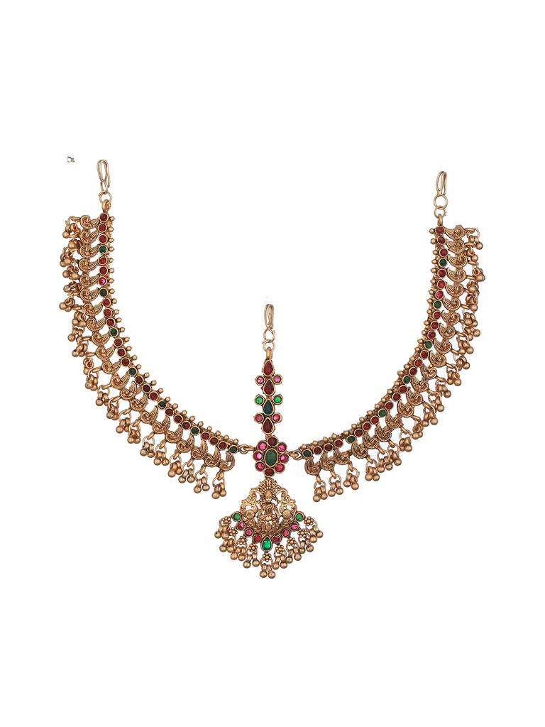 Gold Plated Red Kemp Antique Temple Bridal Damini Matha Patti : SJMP2349