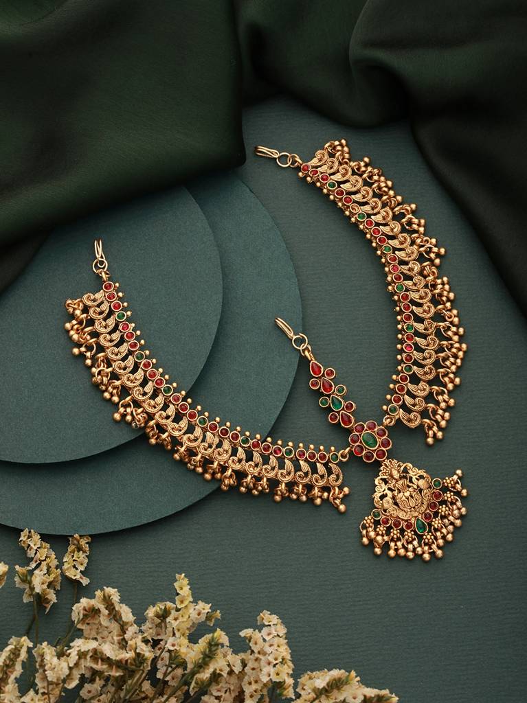 Gold Plated Red Kemp Antique Temple Bridal Damini Matha Patti : SJMP2349
