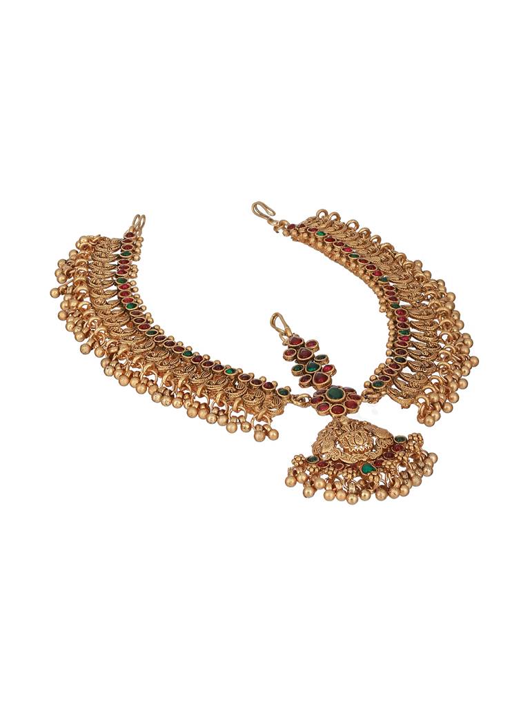 Gold Plated Red Kemp Antique Temple Bridal Damini Matha Patti : SJMP2349