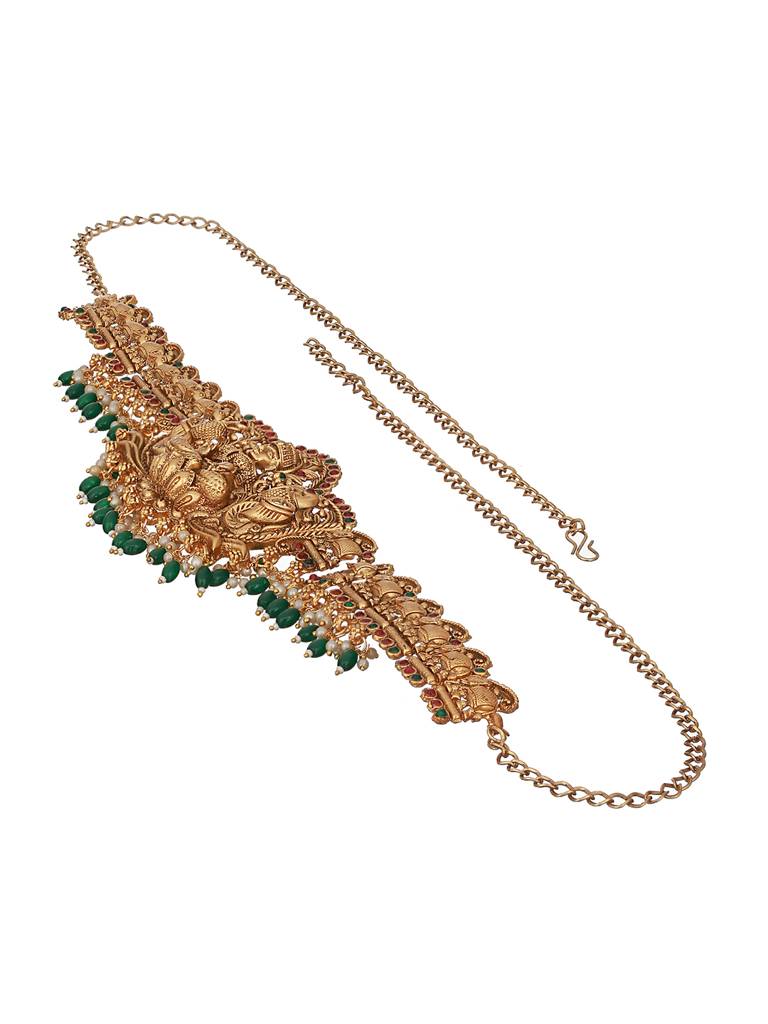 Matte Gold Plated Green Pearls Beaded Shri Lakshmi Motif 