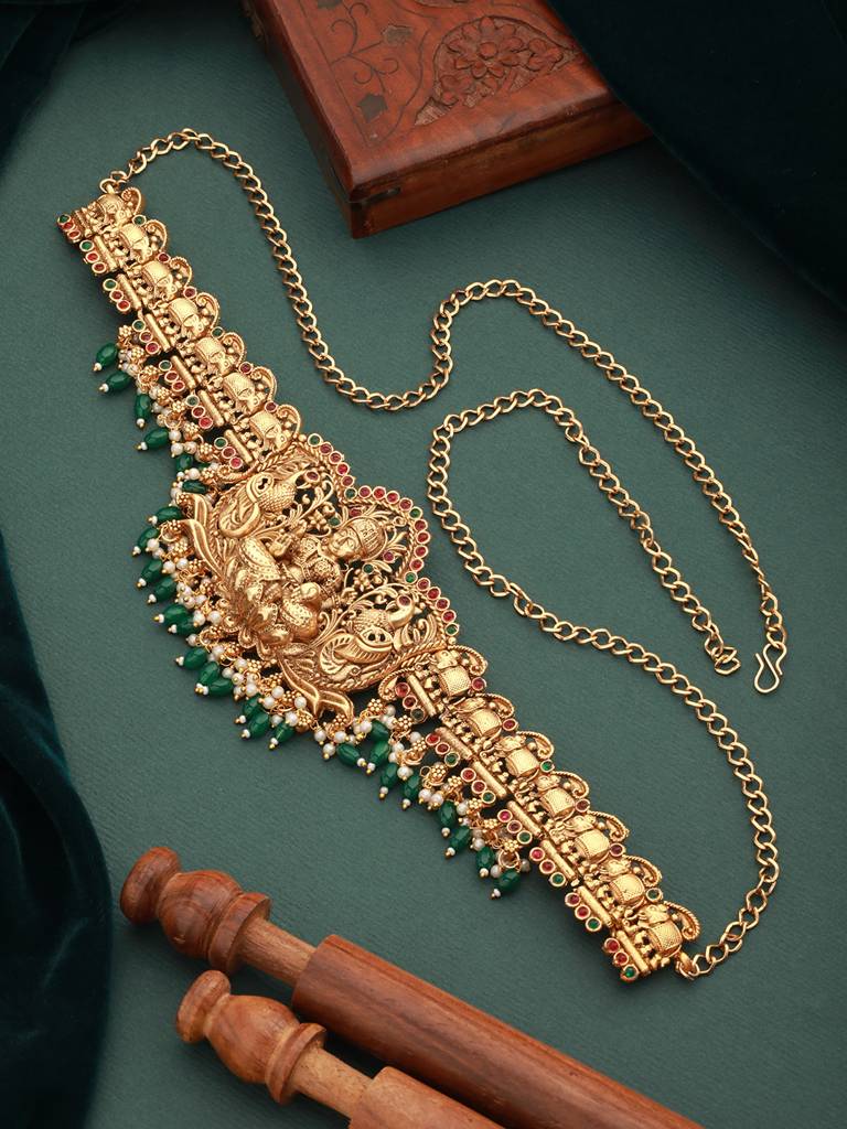 Beaded multi strand hip belt 38” with dangles Matte Gold Plated Green Pearls Beaded Shri Lakshmi Motif  main image 4