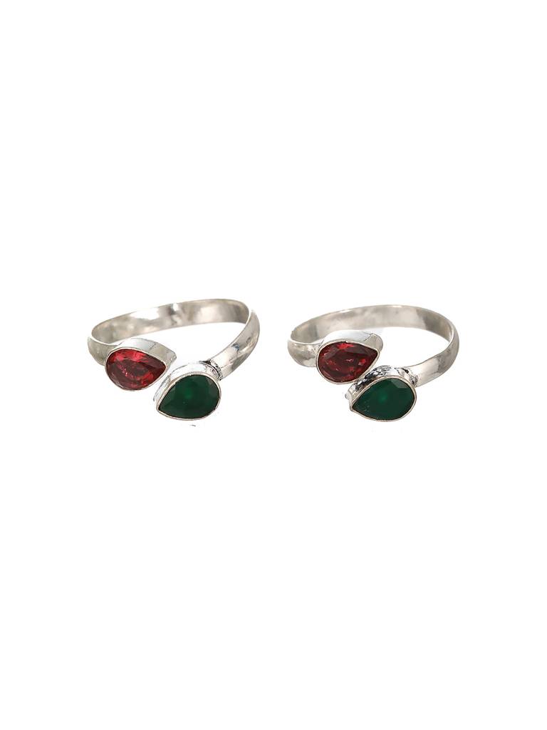 Set Of 2 Silver Toned Red & Green Two Stone Studded Adjustable Toe Ring : SJTR2354