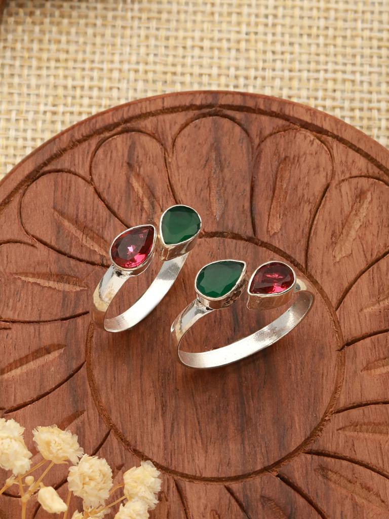Set Of 2 Silver Toned Red & Green Two Stone Studded Adjustable Toe Ring : SJTR2354