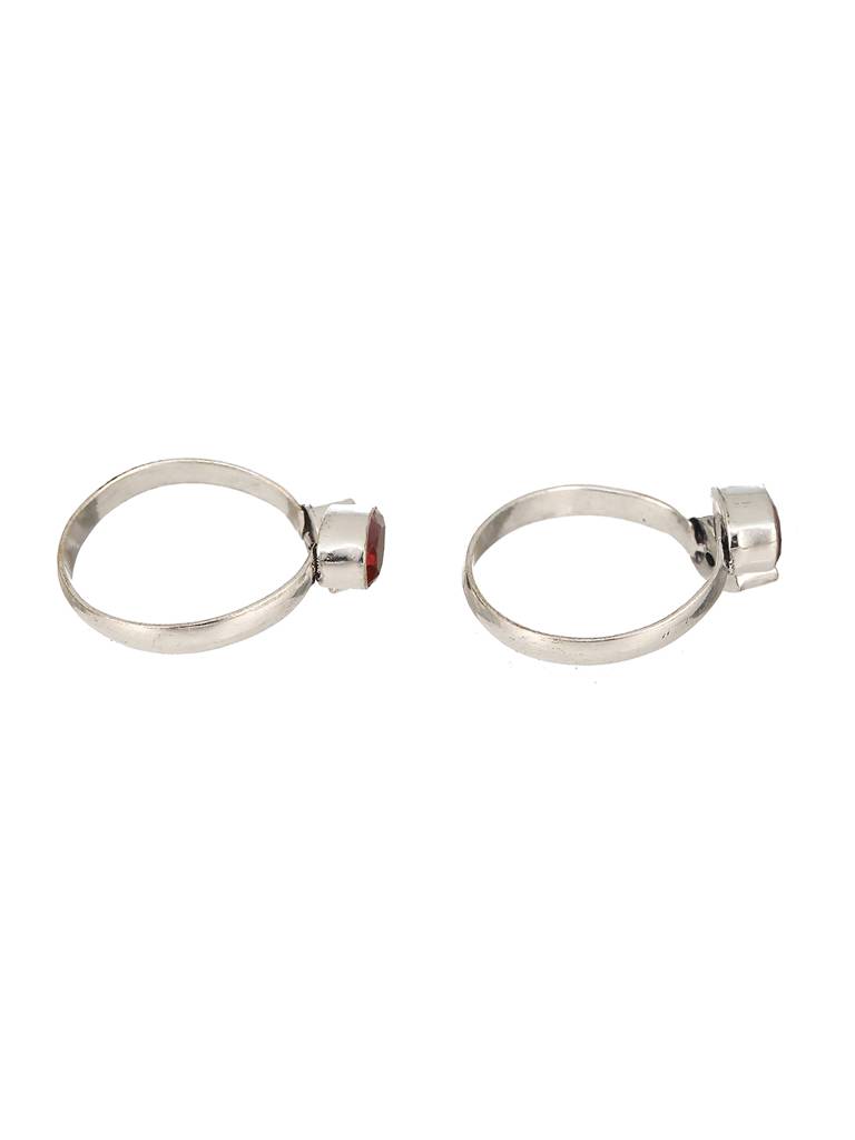 Set Of 2 Silver Toned Red & Green Two Stone Studded Adjustable Toe Ring : SJTR2354