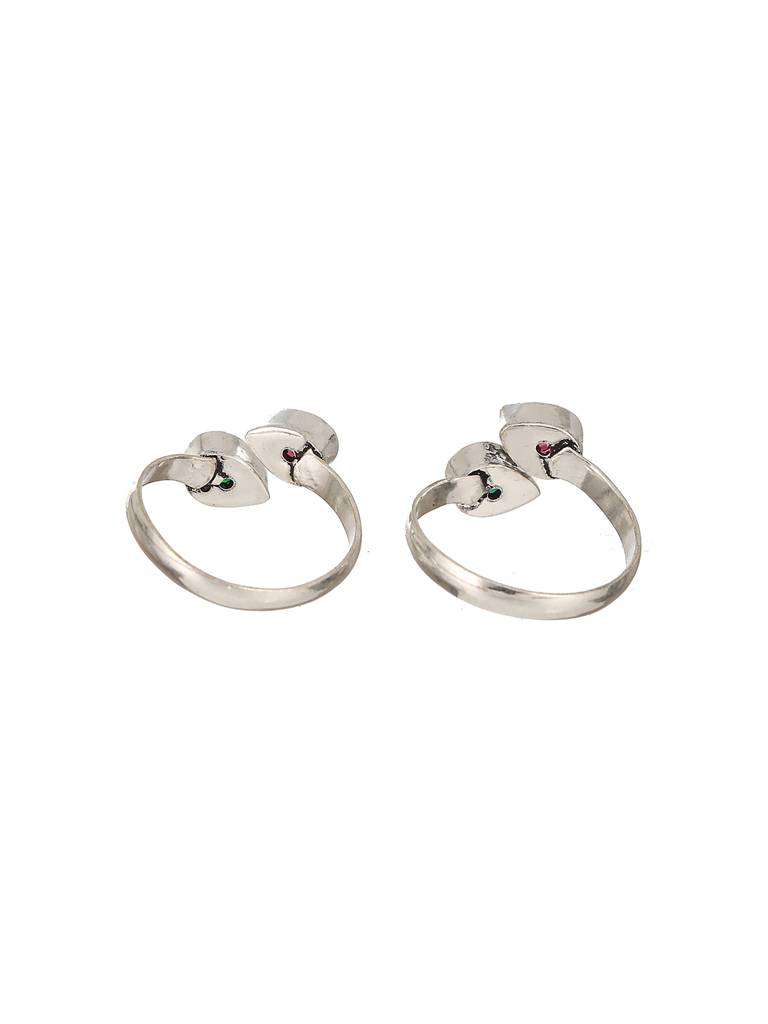 Set Of 2 Silver Toned Red & Green Two Stone Studded Adjustable Toe Ring : SJTR2354