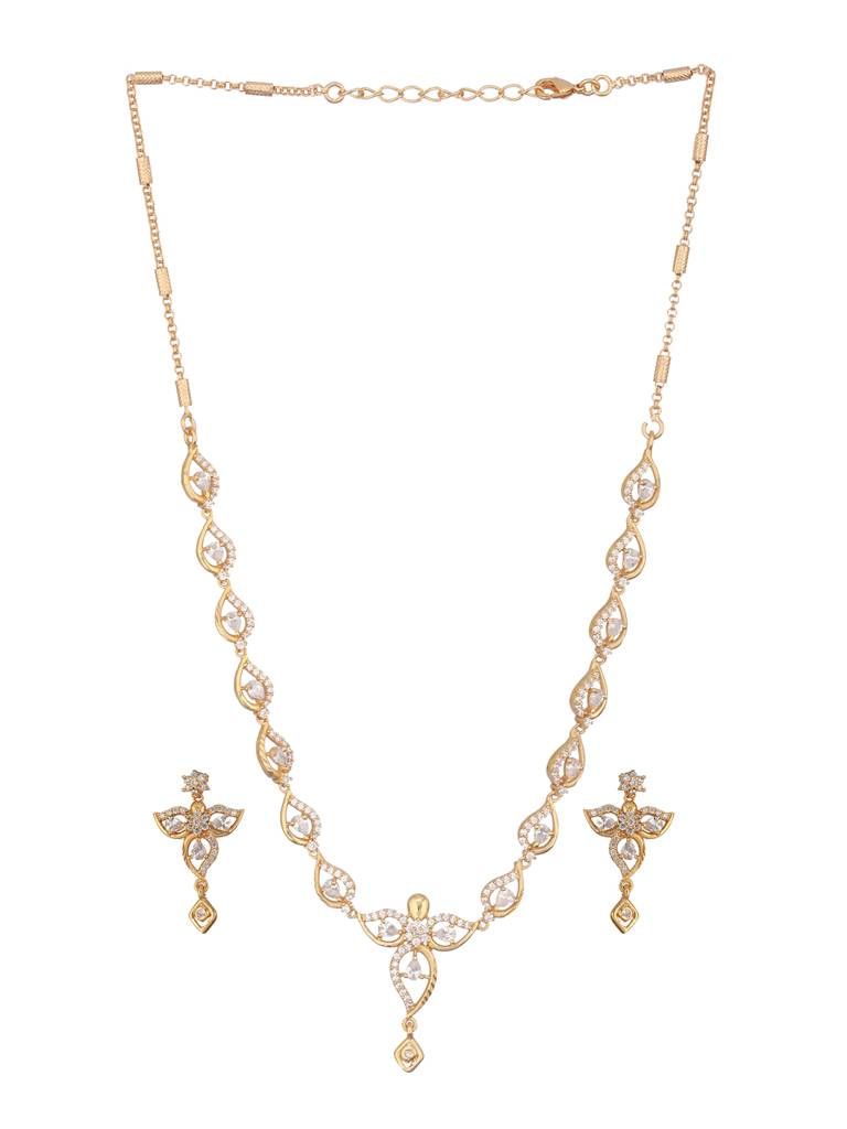 Gold Plated Ad Studded Floral Pendant Minimal Jewellery Set : SJNK2355