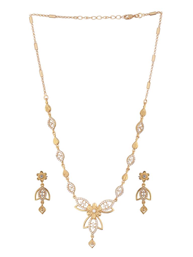 Gold Plated Cz Studded Floral Pendant Minimal Necklace Jewellery Set : SJNK2356