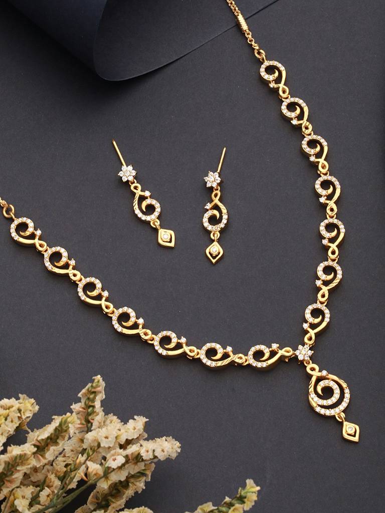 Gold Plated Zircon Studded Geometric Minimal Delicate Jewellery Set : SJNK2357