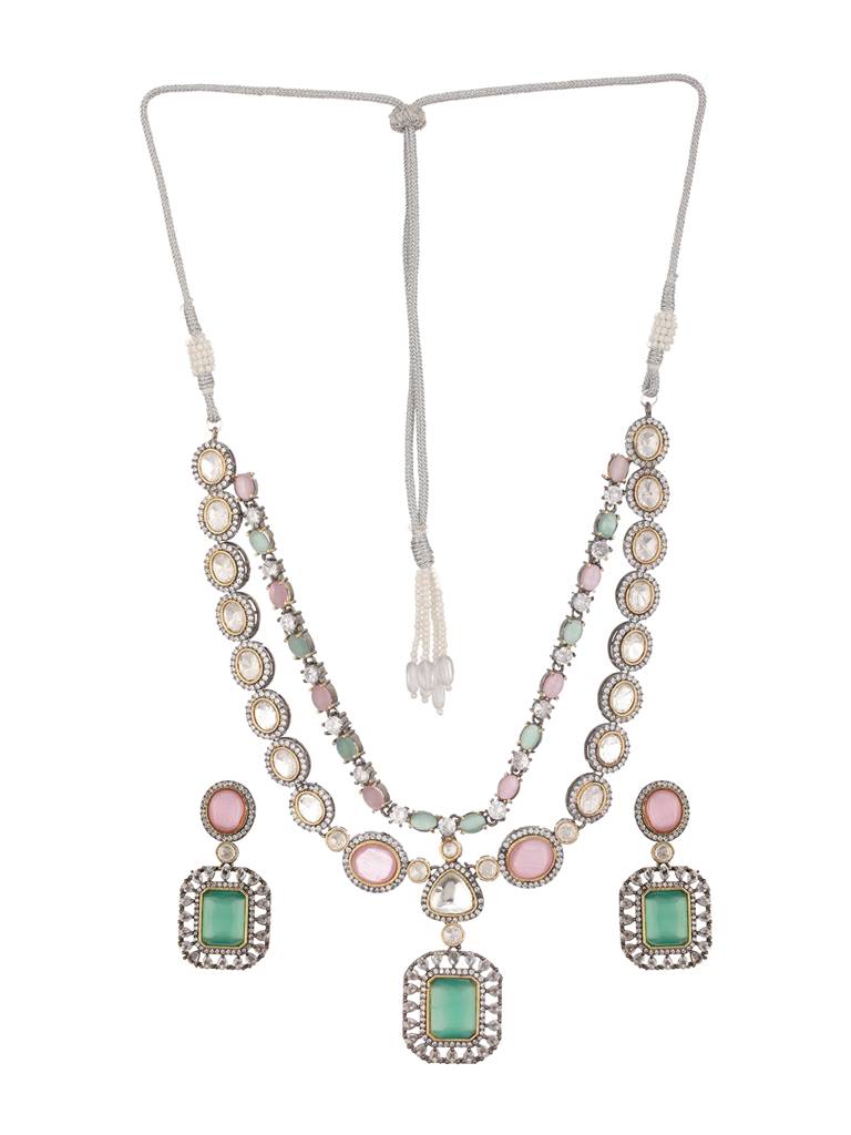 Gold Toned Pink & Mint Kundan Studded Double Lined Bridal Jewellery Set : SJNK2358