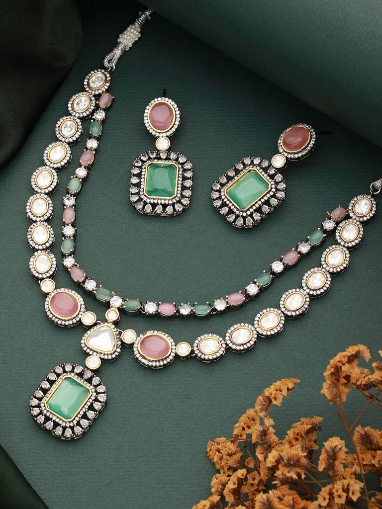 Gold Toned Pink & Mint Kundan Studded Double Lined Bridal Jewellery Set : SJNK2358