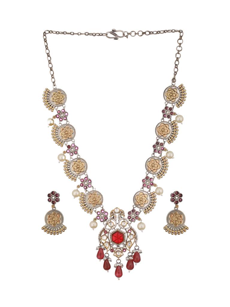 Dual Toned Silver Oxidised Maroon Pearl Beaded Floral Statement Jewellery Set : SJNK2359
