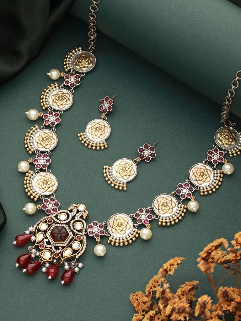 Dual Toned Silver Oxidised Maroon Pearl Beaded Floral Statement Jewellery Set : SJNK2359