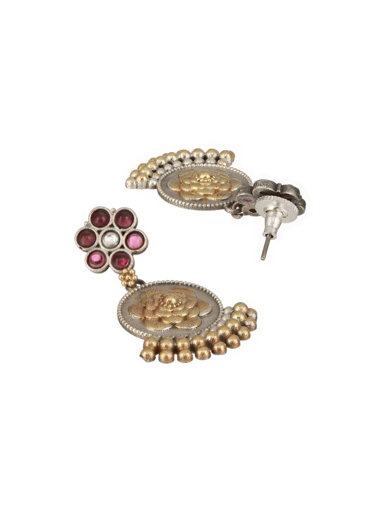 Dual Toned Silver Oxidised Maroon Pearl Beaded Floral Statement Jewellery Set : SJNK2359