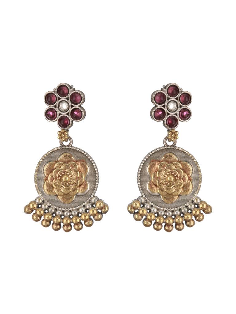 Dual Toned Silver Oxidised Maroon Pearl Beaded Floral Statement Jewellery Set : SJNK2359