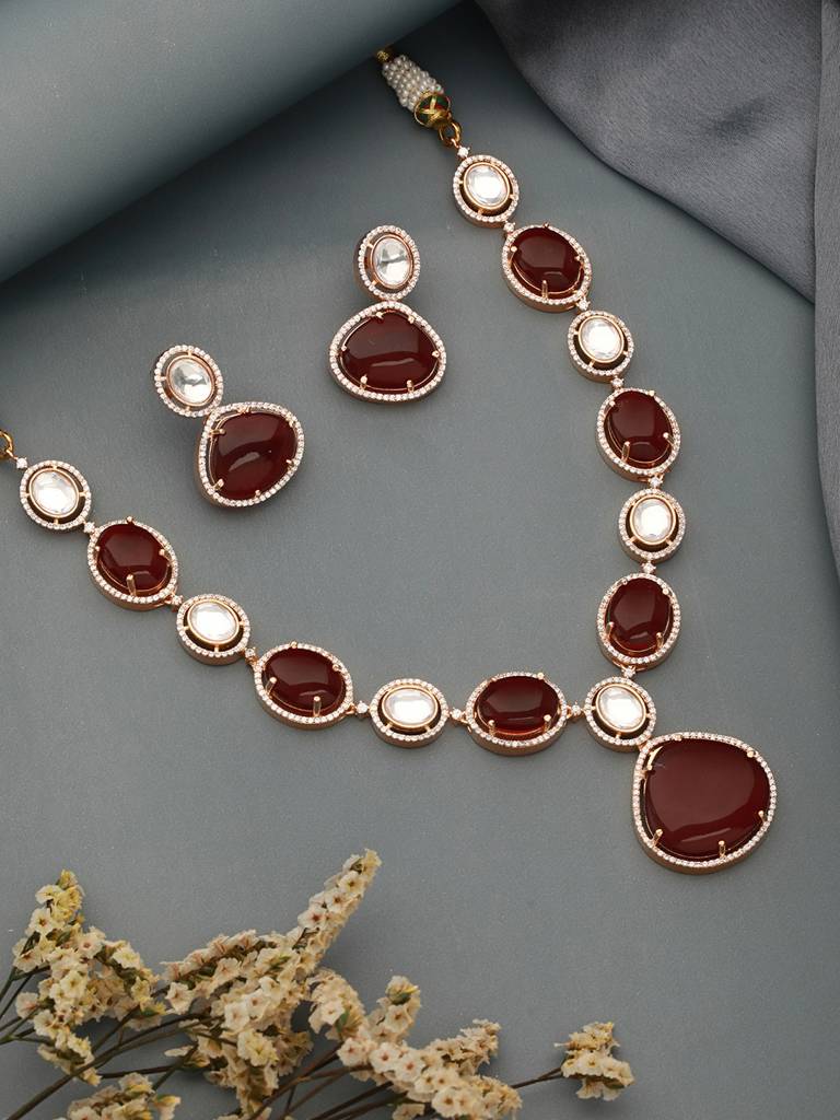 Gold Plated Ruby Red Original Kundan Studded Luxe Bridal Jewellery Set : SJNK2360