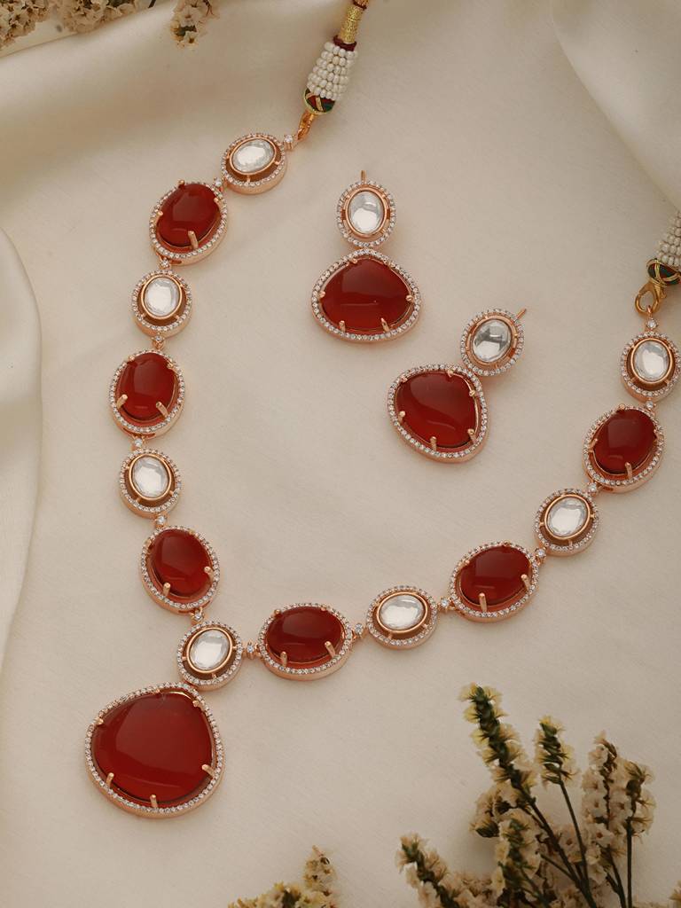 Gold Plated Ruby Red Original Kundan Studded Luxe Bridal Jewellery Set : SJNK2360