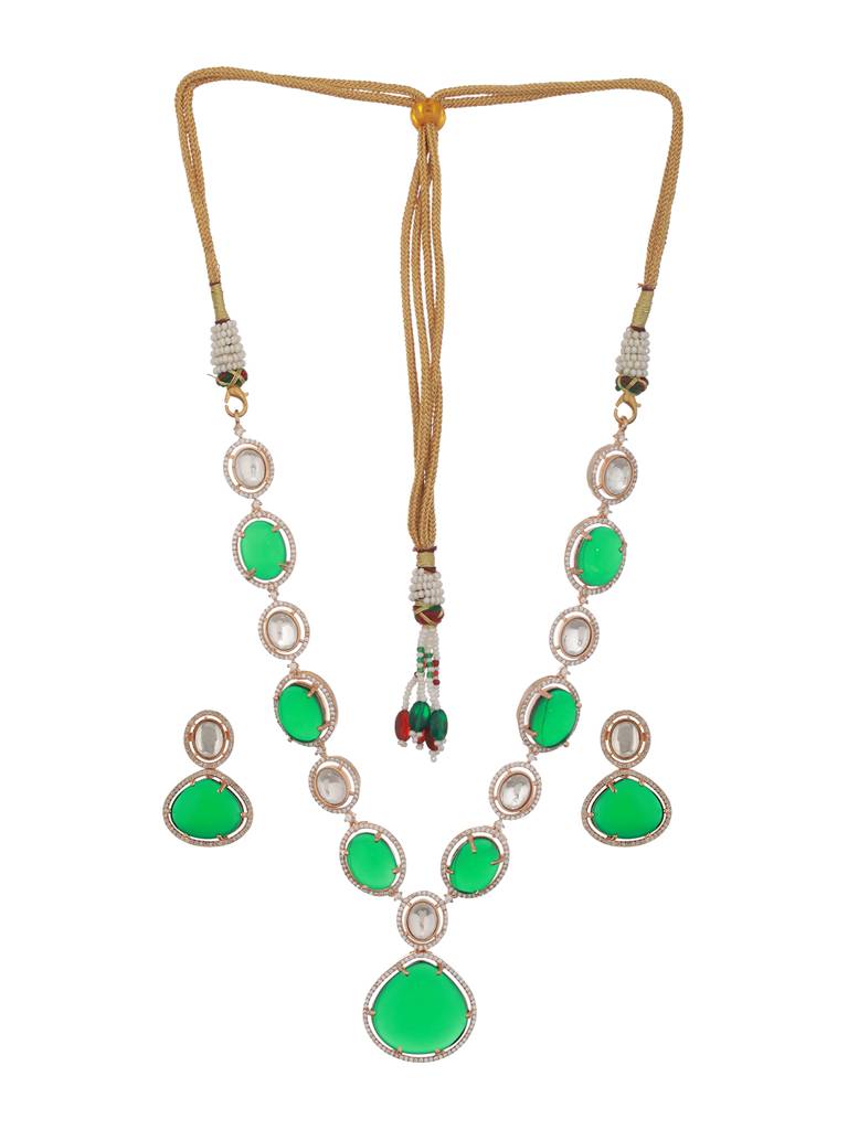 Gold Plated Emerald Green Kundan Studded Designer Luxe Bridal Jewellery Set : SJNK2361