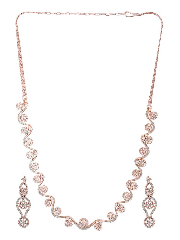 Rose Gold Plated Ad Studded Floral Minimal Necklace Jewellery Set : SJNK2363