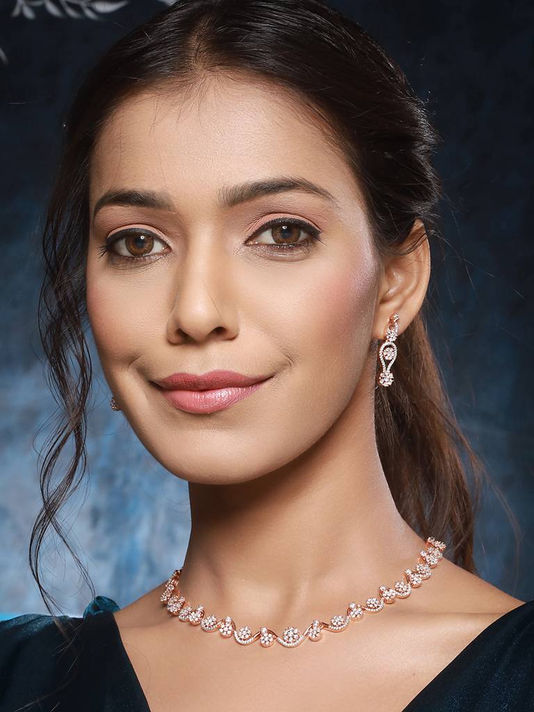 Rose Gold Plated Ad Studded Floral Minimal Necklace Jewellery Set : SJNK2363