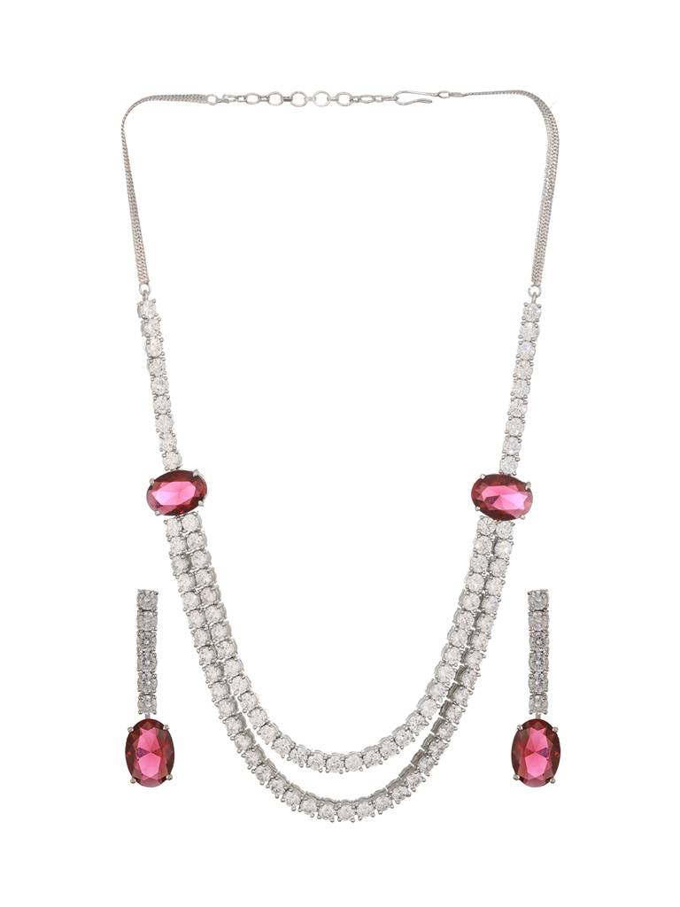 Silver Plated Red Ad Studded Double Lined Statement Designer Necklace Jewellery Set : SJNK2364