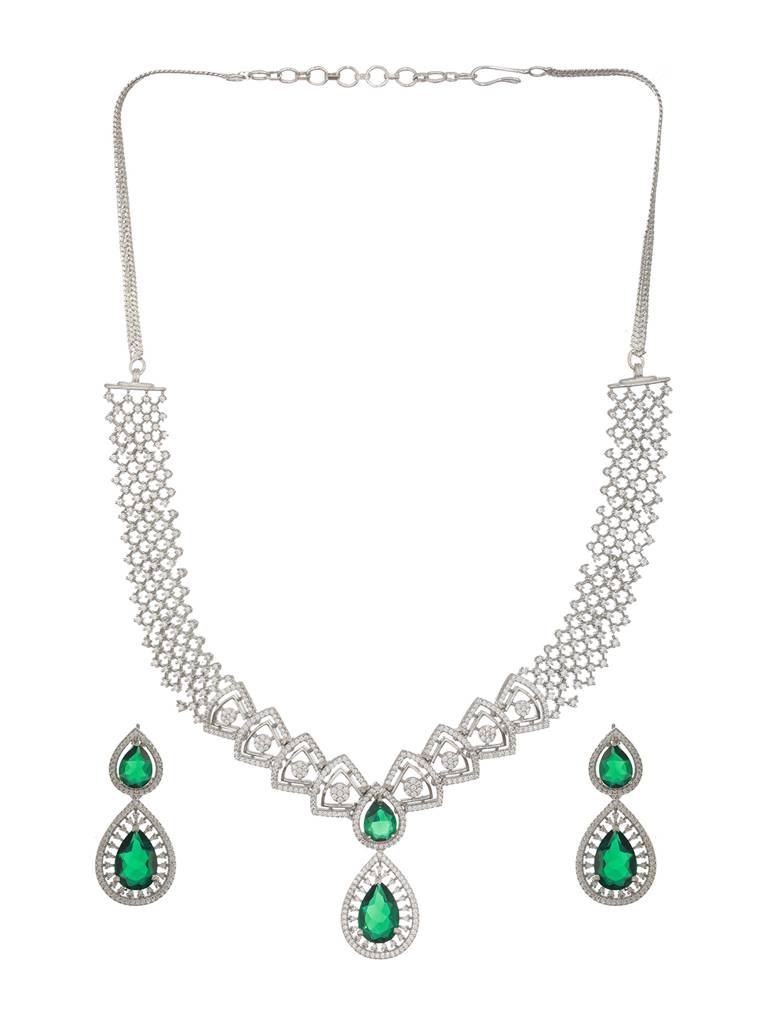 Silver Toned Green Ad Studded Geometric Statement Necklace Jewellery Set : SJNK2366
