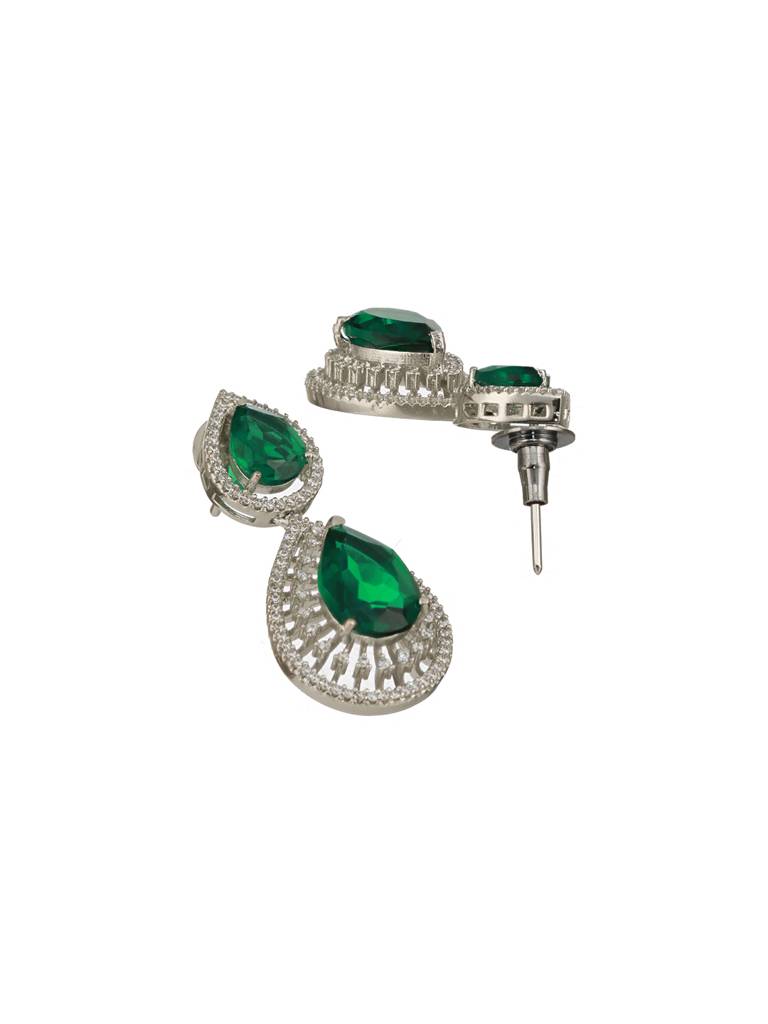 Silver Toned Green Ad Studded Geometric Statement Necklace Jewellery Set : SJNK2366