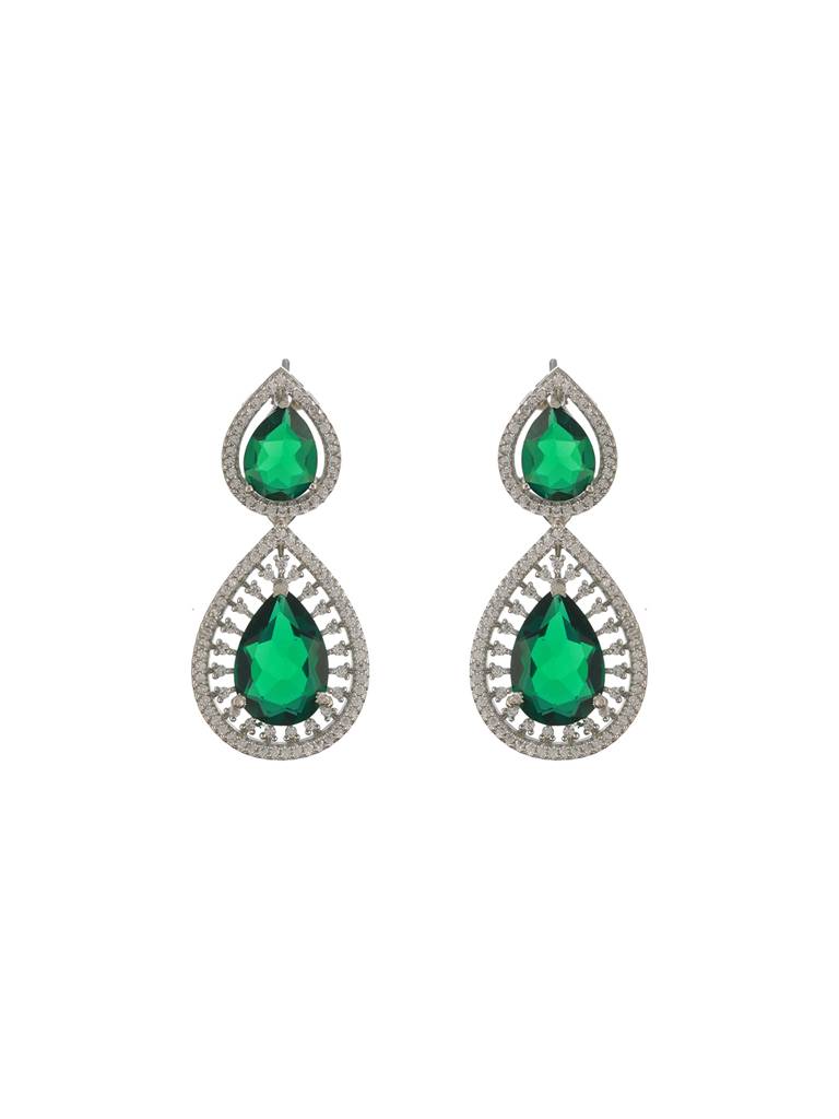 Silver Toned Green Ad Studded Geometric Statement Necklace Jewellery Set : SJNK2366
