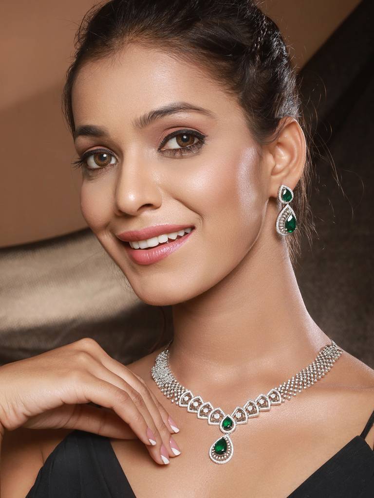 Silver Toned Green Ad Studded Geometric Statement Necklace Jewellery Set : SJNK2366