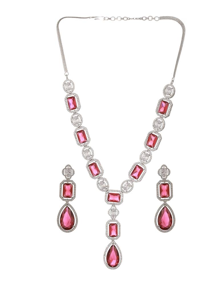 Silver Plated Red Ruby Ad Studded Luxe Statement Designer Pendant Jewellery Set : SJNK2367