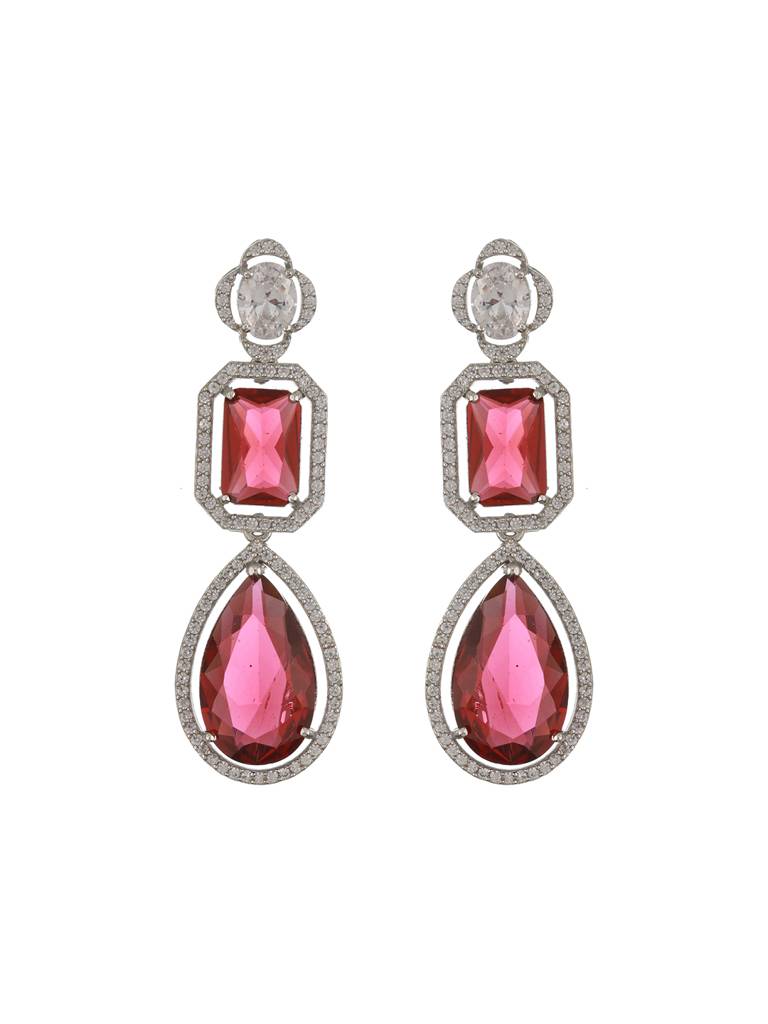 Silver Plated Red Ruby Ad Studded Luxe Statement Designer Pendant Jewellery Set : SJNK2367