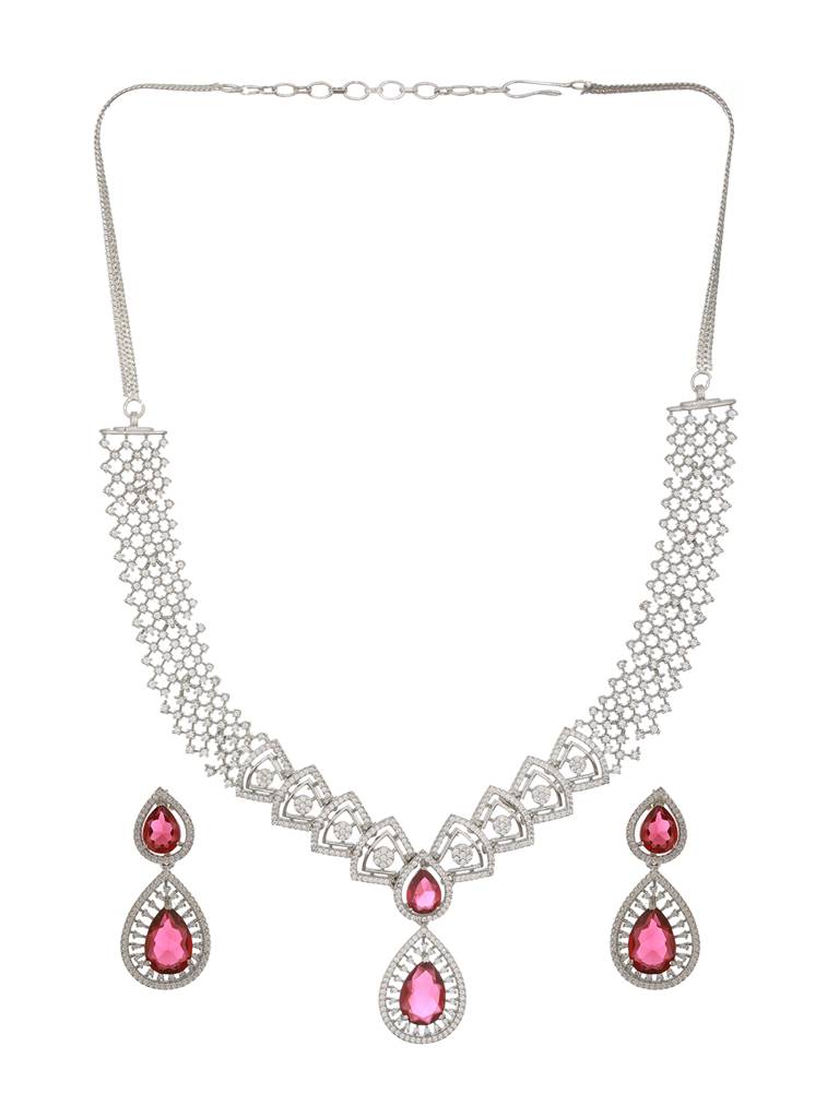 Silver Plated Red Ad Studded Geometric Statement Necklace Jewellery Set : SJNK2368