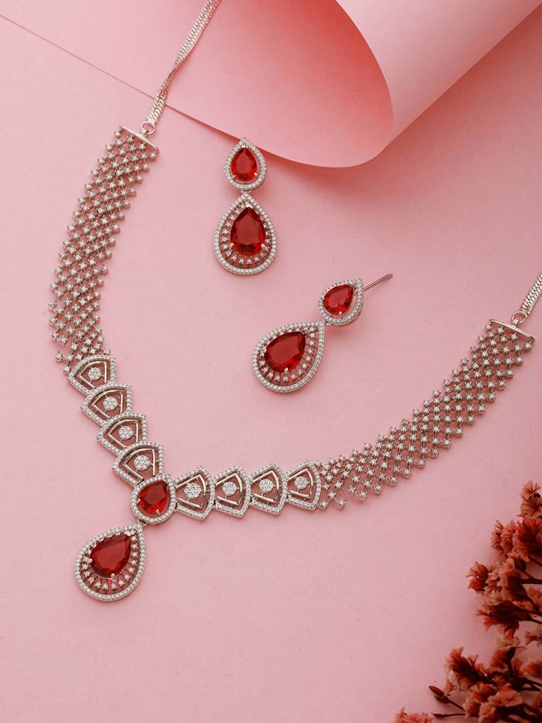 Silver Plated Red Ad Studded Geometric Statement Necklace Jewellery Set : SJNK2368