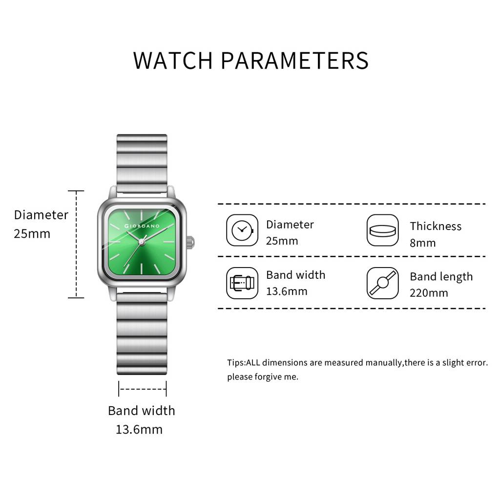 Giordano Classic Square Watch For Women Â Polished Stainless Steel Strap, Minimalist Compact Design-Gz-60098 : GZ-60098-33