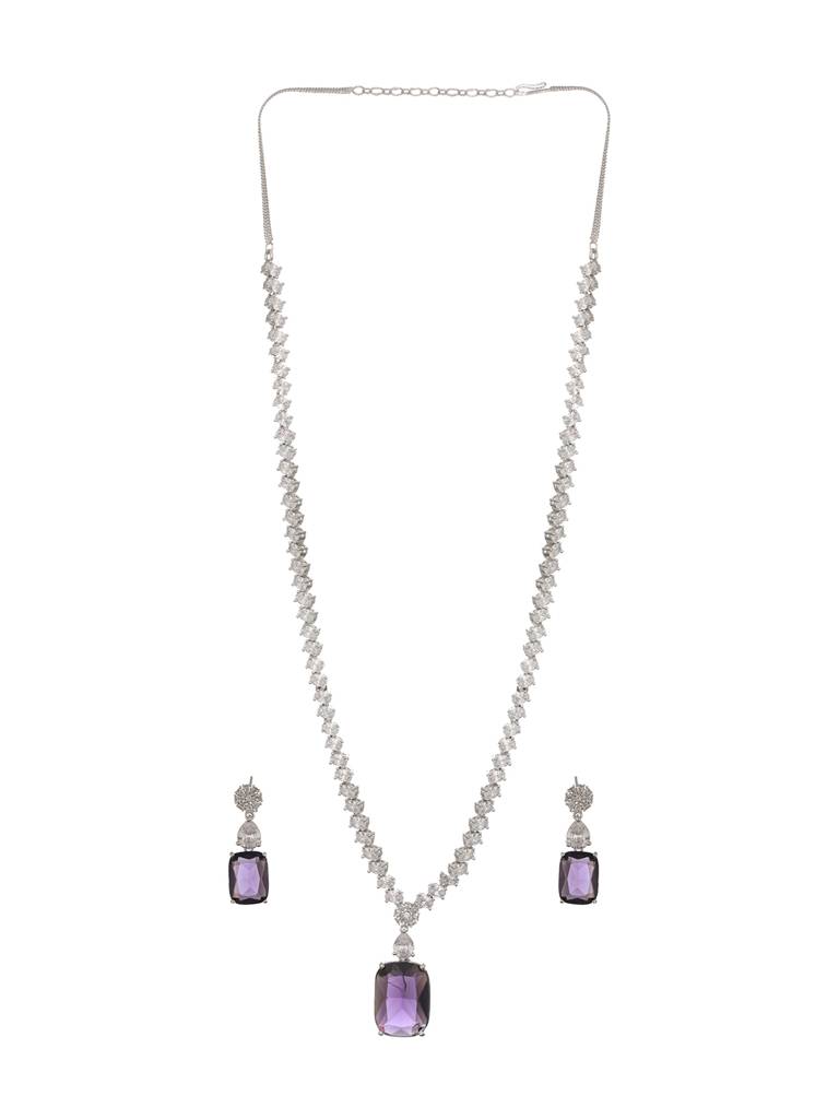 Silver Plated Amethyst Purple Ad Long Single Line Statement Pendant Jewellery Set : SJNK2369