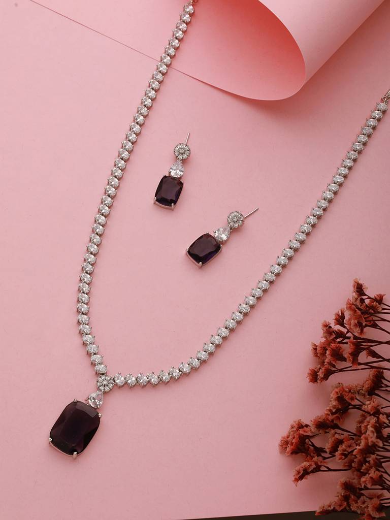 Silver Plated Amethyst Purple Ad Long Single Line Statement Pendant Jewellery Set : SJNK2369