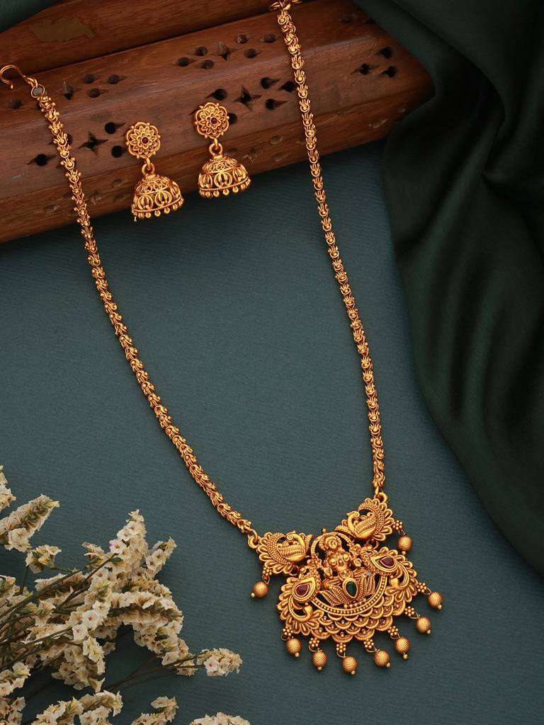 Antique Gold Polish Temple Lakshmiji Long Haram Mala Jewellery Set Brass  Gold One Size