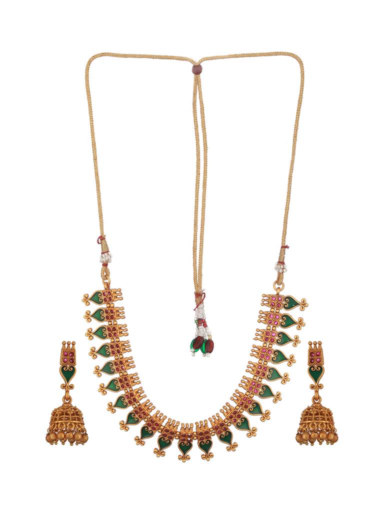 Gold Toned Green Enamelled Kerala Tradition Nagapadam Floral Choker Jewellery Set : SJNK2374